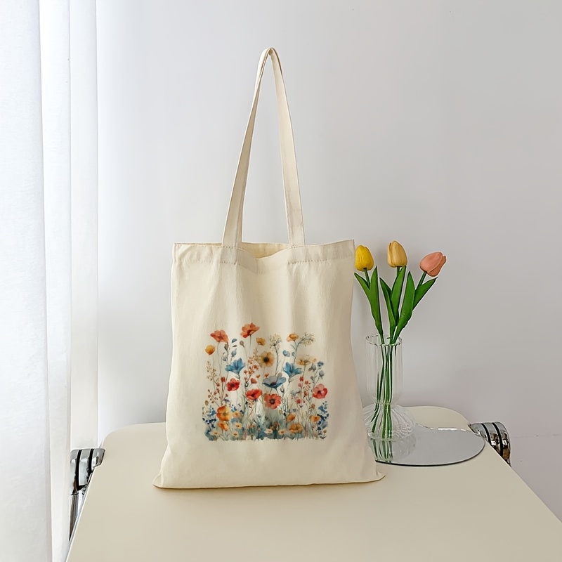 

Simple Floral Pattern Tote Bag, Aesthetic Canvas School Shoulder Bag, Lightweight Grocery Shopping Bag