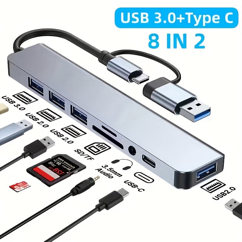 A USB Hub Featuring Dual-Use with USB And Type C Ports, This 8-Port USB C Hub Includes USB 3.0, USB 2.0, Micro SD/TF Card Reader, Microphone/Audio, And Other Interfaces, Suitable for Laptops, Macbook Pro, Imac, Ipad Pro, And Other USB-C Devices