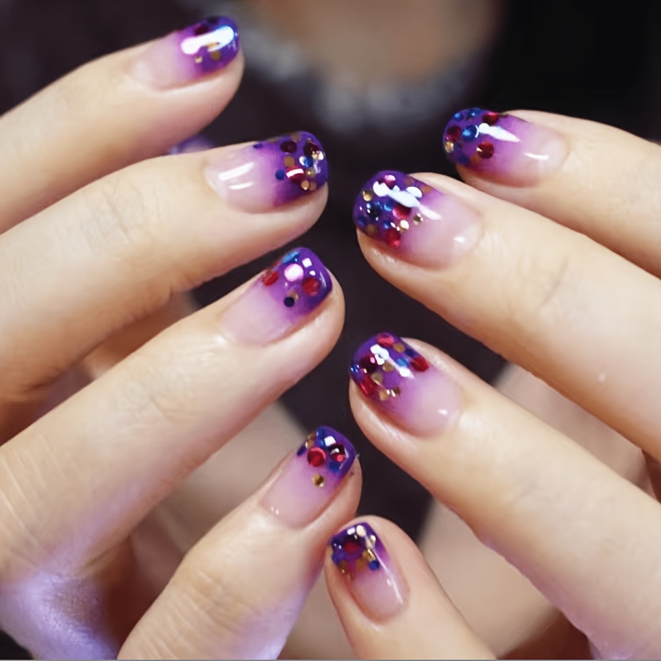 TEMU 24pcs Grape Purple Gradient Glitter Nail Tips Short Square Artificial Nails Finished Nail Patches Removable Reusable Jelly Patches And Scrubber