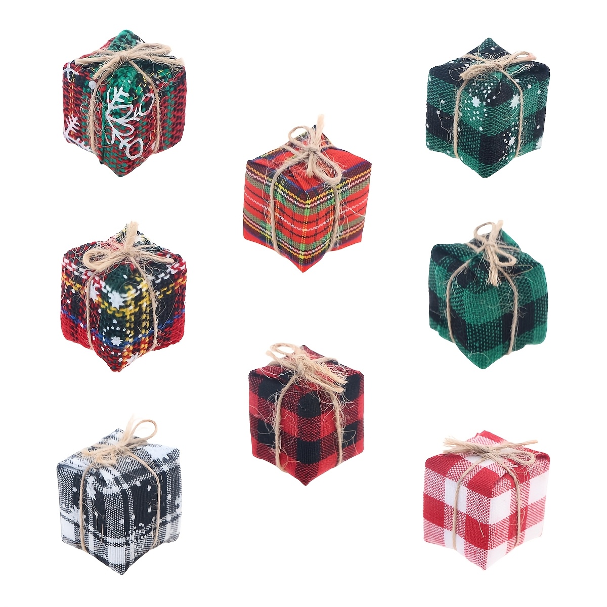 TEMU 8pcs, Dollhouse Decoration, Christmas Scottish Snowflake Cloth Gift Set Ornaments, Christmas Tree Hangings, Miniature Scene Decorations,