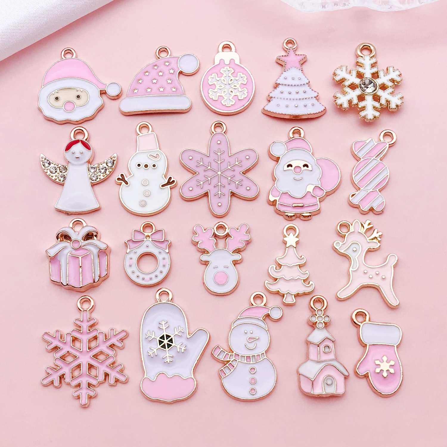TEMU 20 Piezas de Dijes Navideños Rosas para Hacer Joyería, Dijes de Santa, Copo de Nieve, Pendientes de Metal, Colgantes de Aleación para DIY,