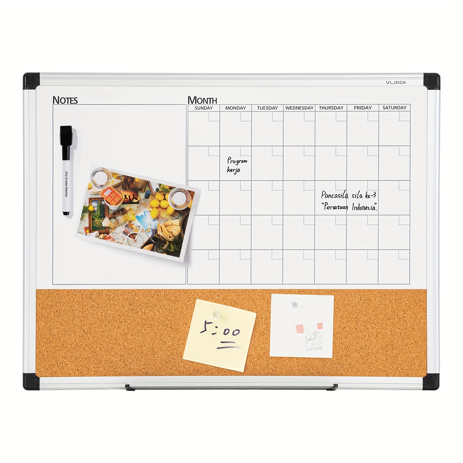 

1pc 18" X 24" Monthly Calendar Whiteboard Dry Erase Cork Board Combo, Planning Board, Silver Aluminium Frame