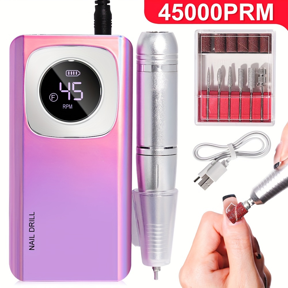 TEMU Rechargeable Electric Nail Drill Machine, High Speed Portable Manicure Pen For Acrylic & Gel Nails, Sander With 6 Drill Bits, Lcd Display, Nail Art Salon Equipment