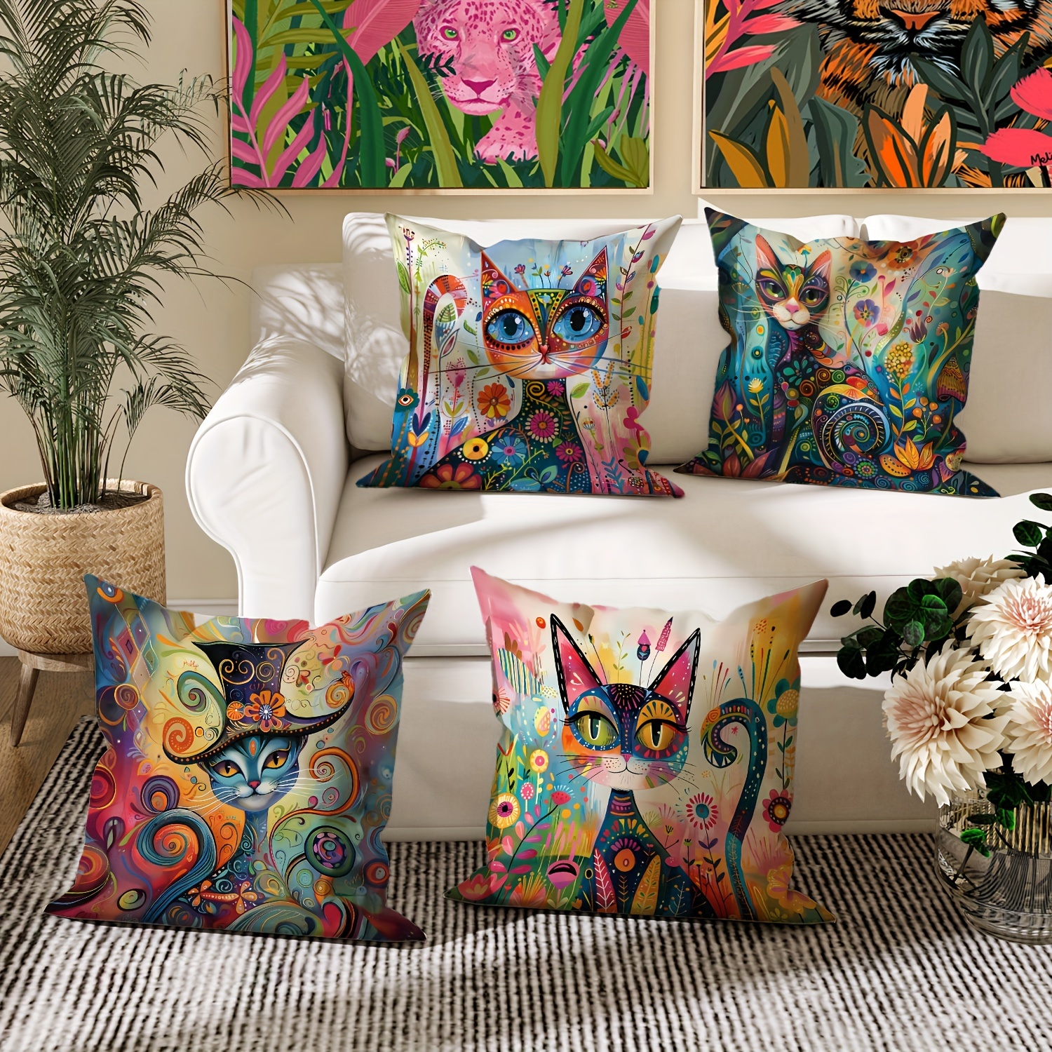 

4pcs Velvet Cartoon Cat Throw Pillow Covers 18x18 Inch - Contemporary Style, Machine Washable, Zipper Closure, Woven Polyester, Decorative Abstract Animal Floral Design For Living Room And Bedroom