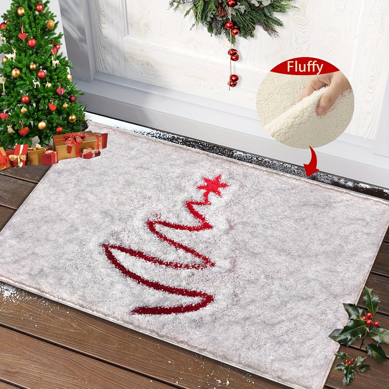 

Cozy Cashmere Christmas Tree Mat - Plush, Non-slip & Absorbent Bathroom Rug With Abstract Snow Design - Winter Decor, Doorway, Kitchen & More - Machine Washable