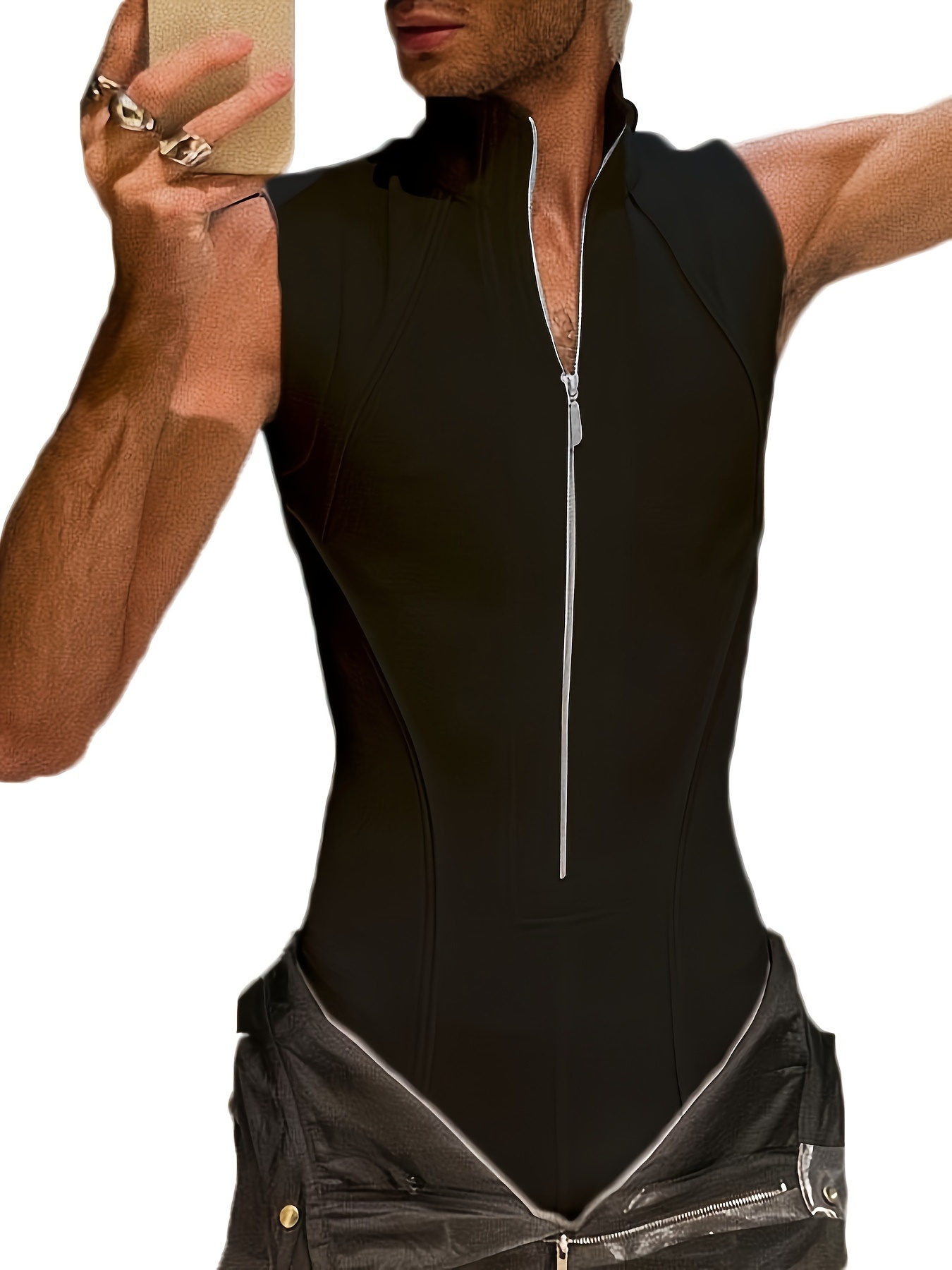 mens sleeveless zip up bodysuit stretchy polyester solid color black crew neck   fit stretchy fabric smooth texture no underwire summer clothing sleek fitted bodysuit zippered bodysuit