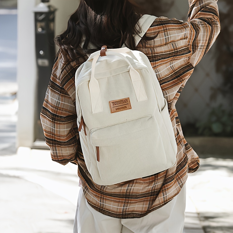 solid color corduroy backpack simple preppy style college Temu