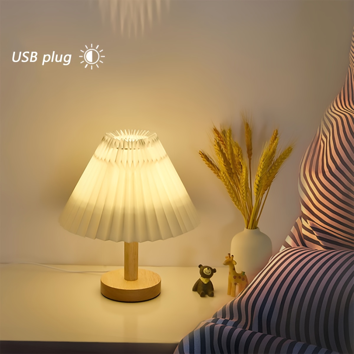 

Retro Led Pleated Decorative Night Light, Creative Table Lamp With Wooden Base And Fabric Shade, Adjustable Brightness, Usb Powered, Multi-room Use, Pagoda Shape, Modern Style