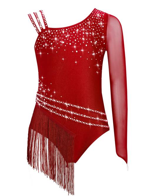 girls glittery rhinestones sleeveless fringe leotard irregular tassel skirt