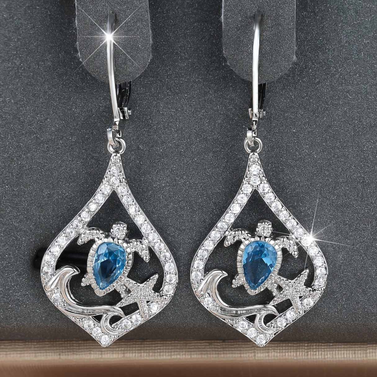 Unique Synthetic Zirconia Turtle Hoop Earrings With Starfish And Wave .