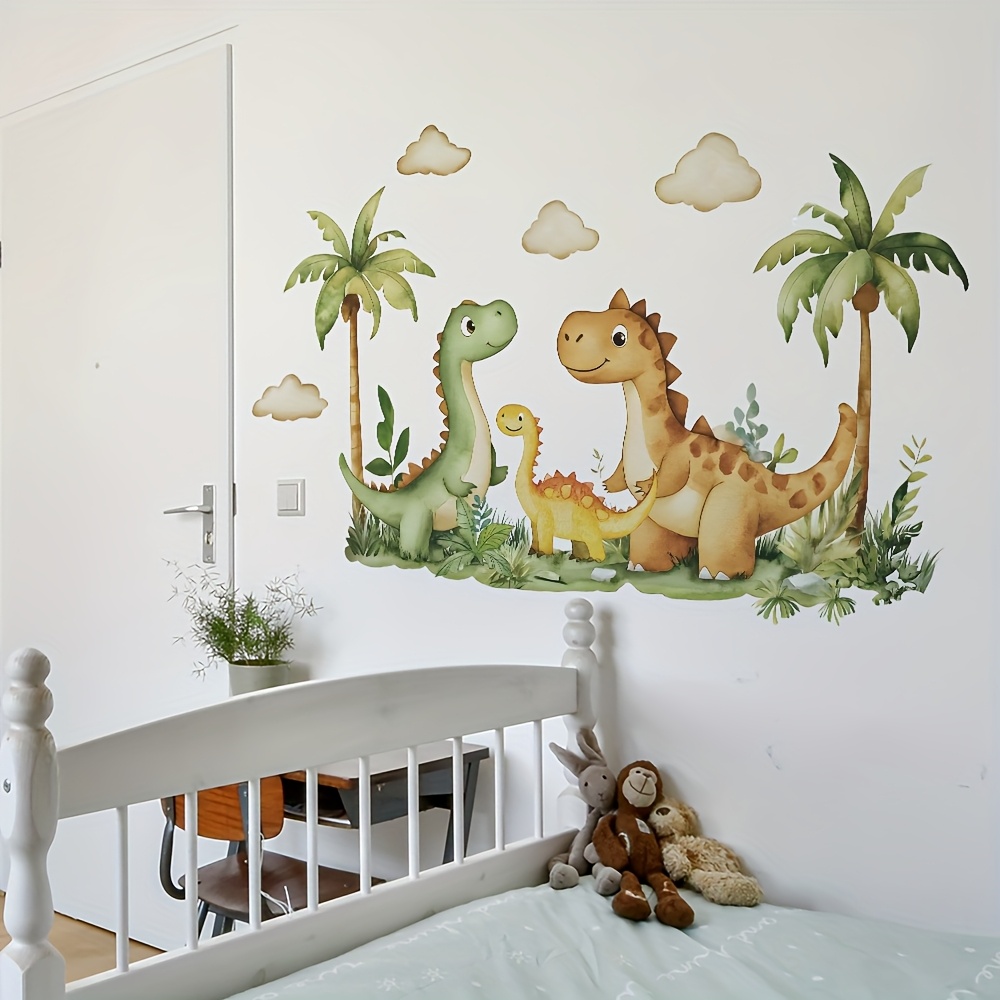 large wall art tropical cartoon dinosaur coconut tree wall decals removable prehistoric jungle peel and stick wall stickers for bedroom living room playroom decor 29 90  11 4 35 4inch 2