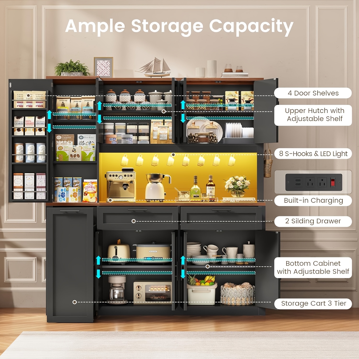71 Inch Kitchen Pantry Cabinet with LED Lights And Charging Station, 59 Inch Wide Wooden Storage Cabinet with 2 Drawers, 8 Doors, 3-Tier Storage Cart, And 4 Door Shelves, Pantry Storage Cabinet with Microwave Stand for Dining Room, Black, White