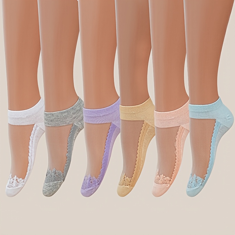 Image of 6-pair Women's Assorted Color Ankle Socks - Glass Stockings With Delicate Lace Edging, Pastel Tones In Pink, Purple, Blue, Gray, White - Breathable, Stylish, And Casual Wear