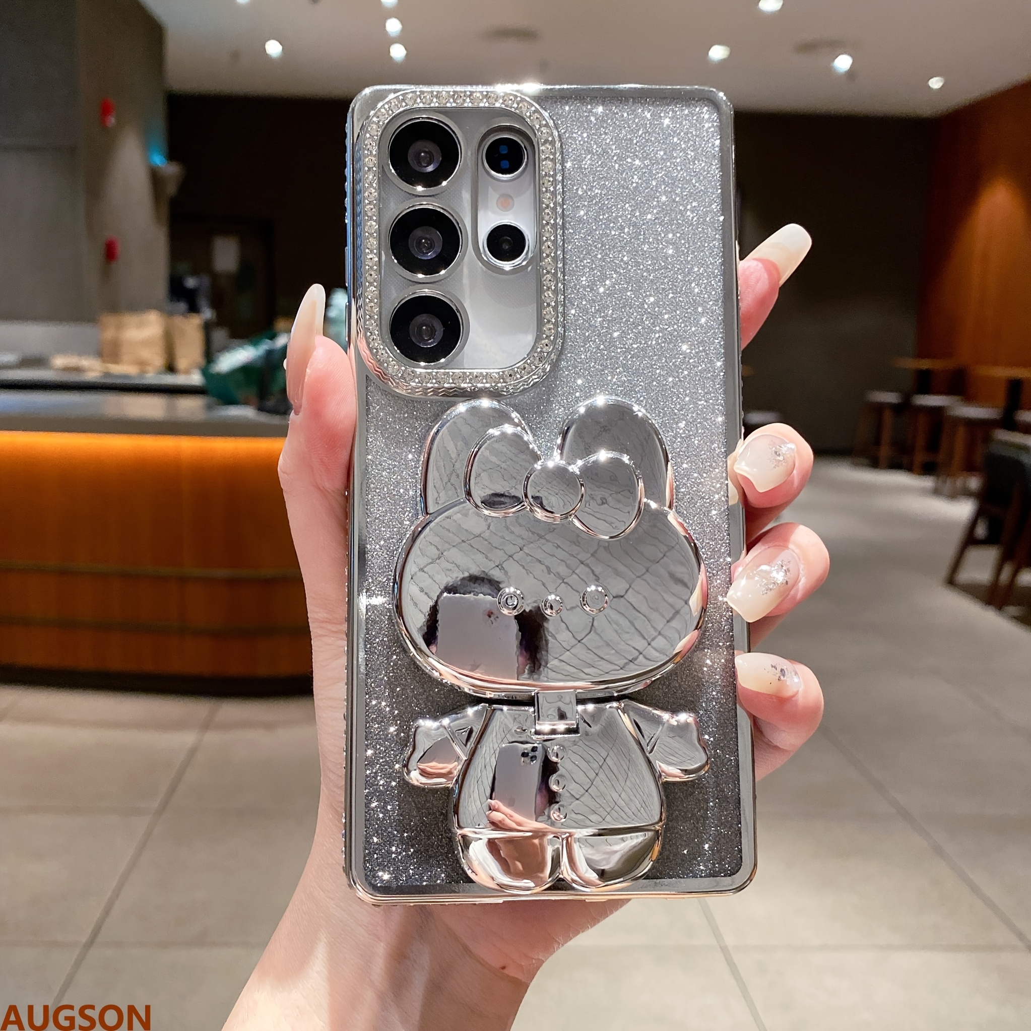 TEMU Phone Case: Luxury Ultra-thin Shockproof Glitter Plated Protective Case With Bow Bunny Makeup Mirror Hidden Phone Stand, Suitable For Galaxy S25