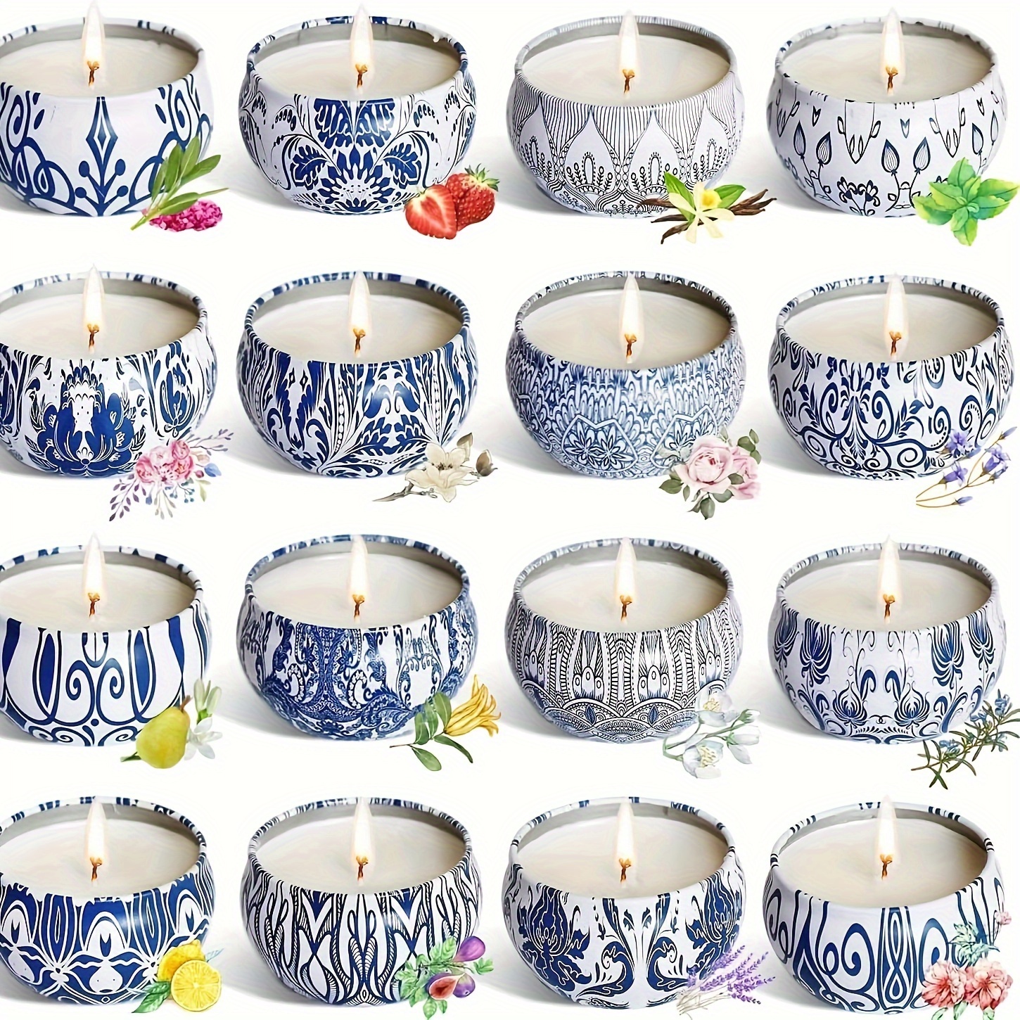 

12-pack Blue And White Porcelain Pattern 4oz Candles, Iron Tin Candle Holders, Artistic Craft Supplies For Candle Making, Decorative Candy Tins, Sewing Accessories