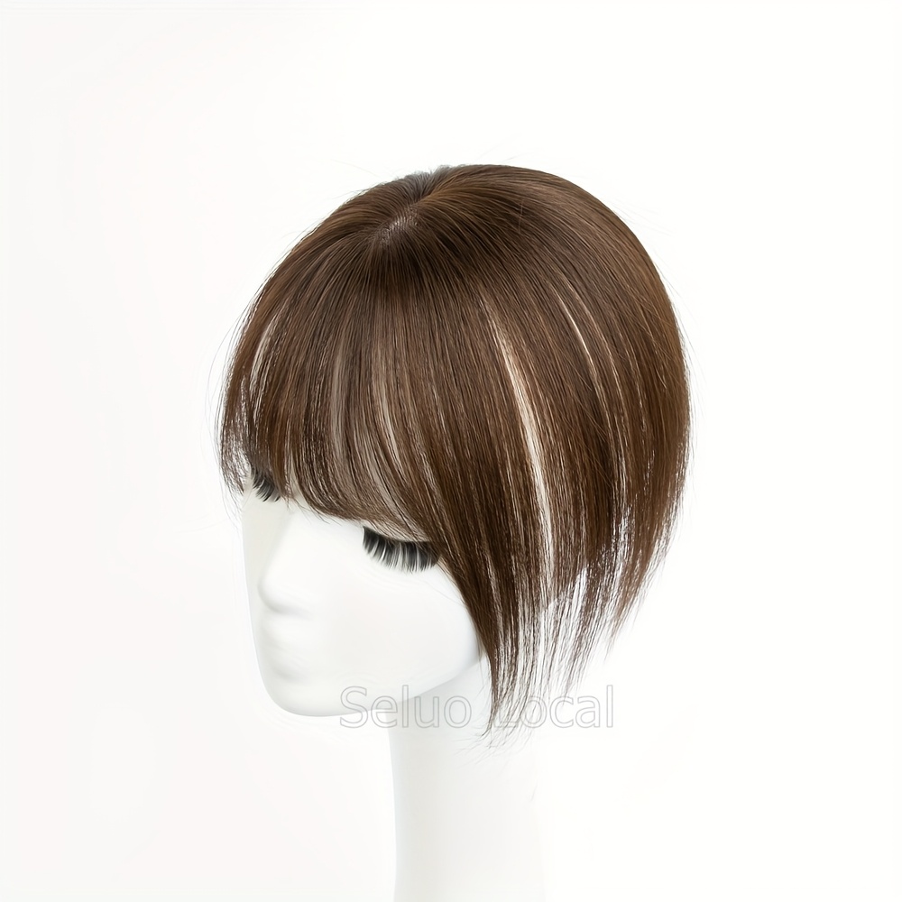 Image of 5x9cm Balayage Brown Human Hair Topper Wig 8 Inches Hair Real Natural Straight Hair Piece With Bangs For Women Hairstyle