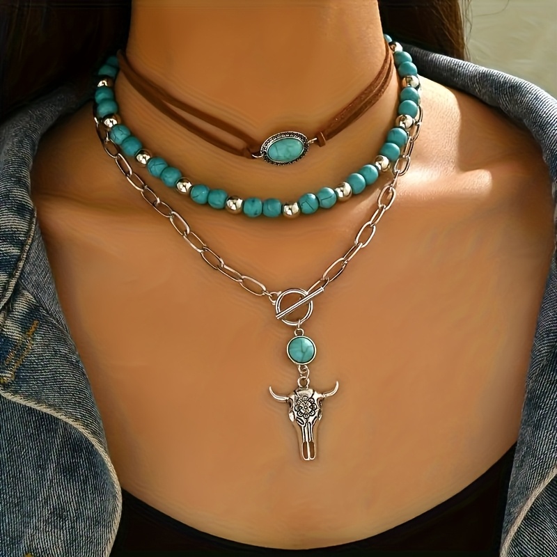 3 Vintage Bohemian Ot Chains, Cap, Beaded Necklace, Western Cowboy Ethnic Style Women's Fashion Pendant Necklace