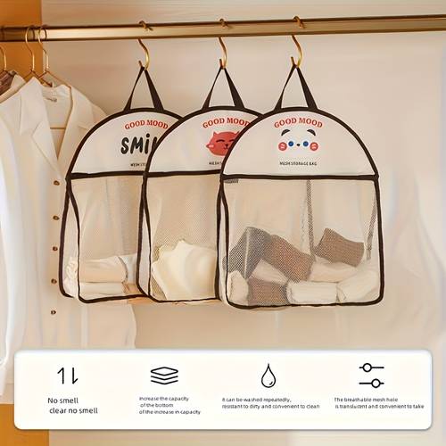 1 random color hanging mesh storage bag breathable fabric organizer with cute animal patterns space saving foldable design suitable for underwear socks and handbags wall mounted laundry room accessory ideal gift for