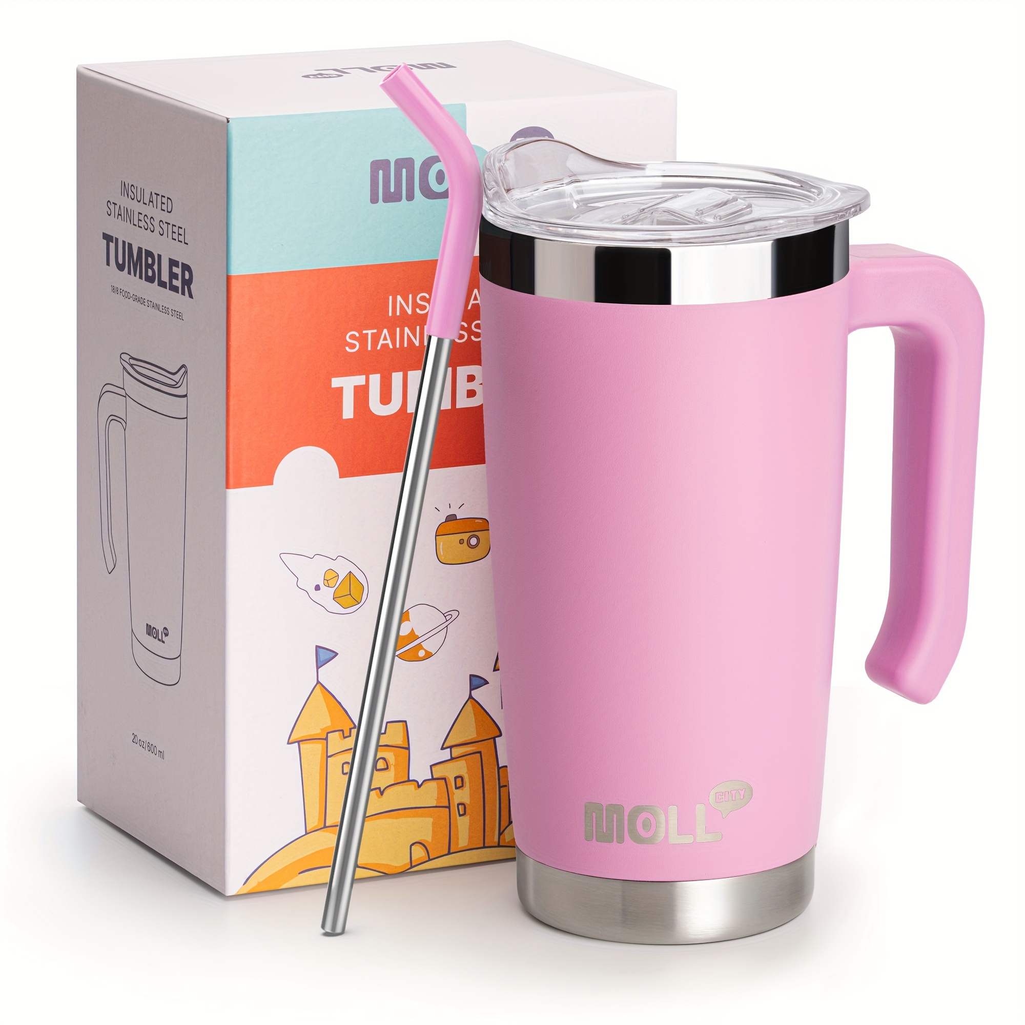   20oz 냉각 커피 머그 컵, 스테인레스 스틸 이중 벽 진공 여행 텀블러, bpa 프리, 와이드 머스, 밀봉, 핸들 및 스트로우 포함,  , 여성 및 어머니의 날 선물에 적합