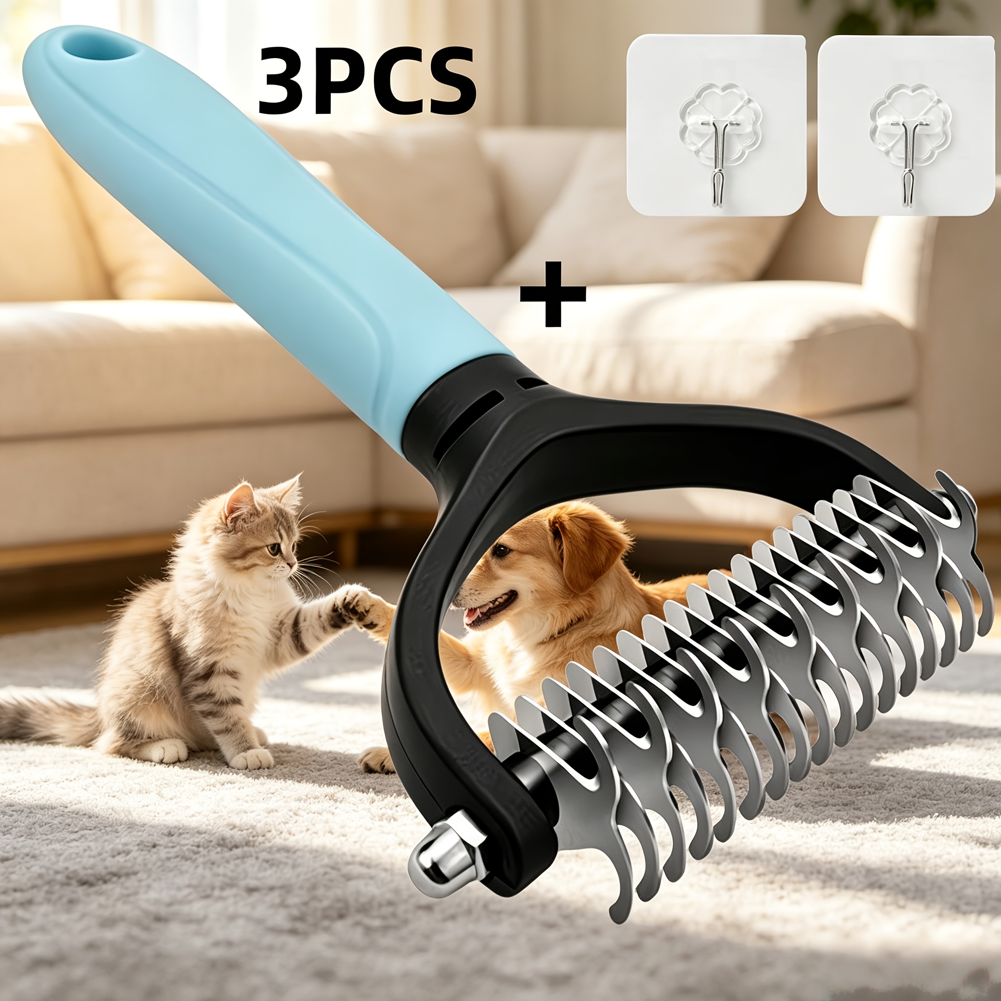 TEMU 3pcs Stainless Steel Pet Double-sided Detangling Comb + 2 Storage Hooks, Single-sided Pin Comb Deshedding Tool, Suitable For Cats And Dogs,
