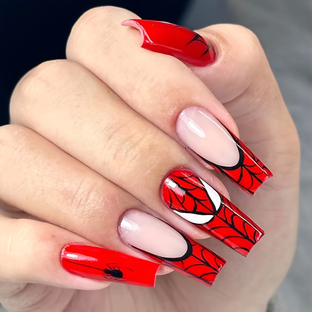 

24pcs Long Square Press-on Nails Set With Spider Web & Red Designs - Includes Jelly Adhesive & Nail File, Casual Attire, Design, Fake Nails