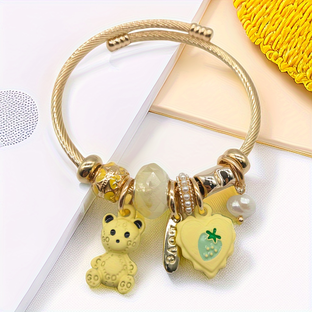 Ladies Stainless Steel Bangle Handmade Beaded Bear Love Temu United