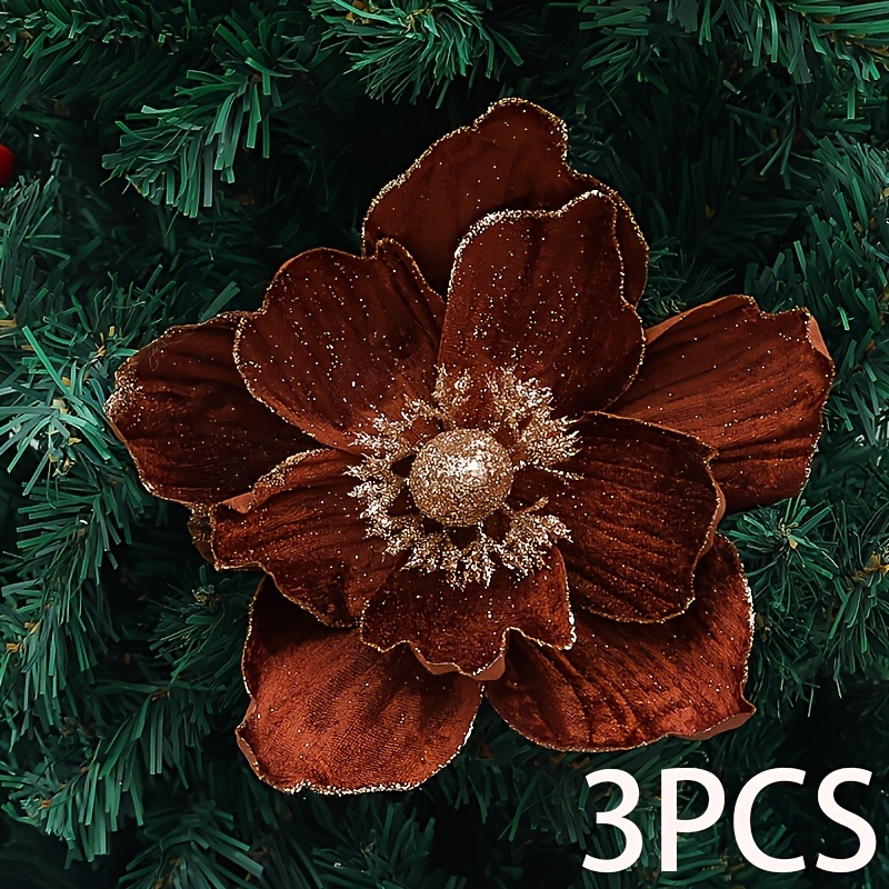 TEMU Lot de 3 décorations de Noël d'arbre à fleurs artificielles, couronne de sapin de Noël à fleurs de magnolia simulées, décoration de fleurs