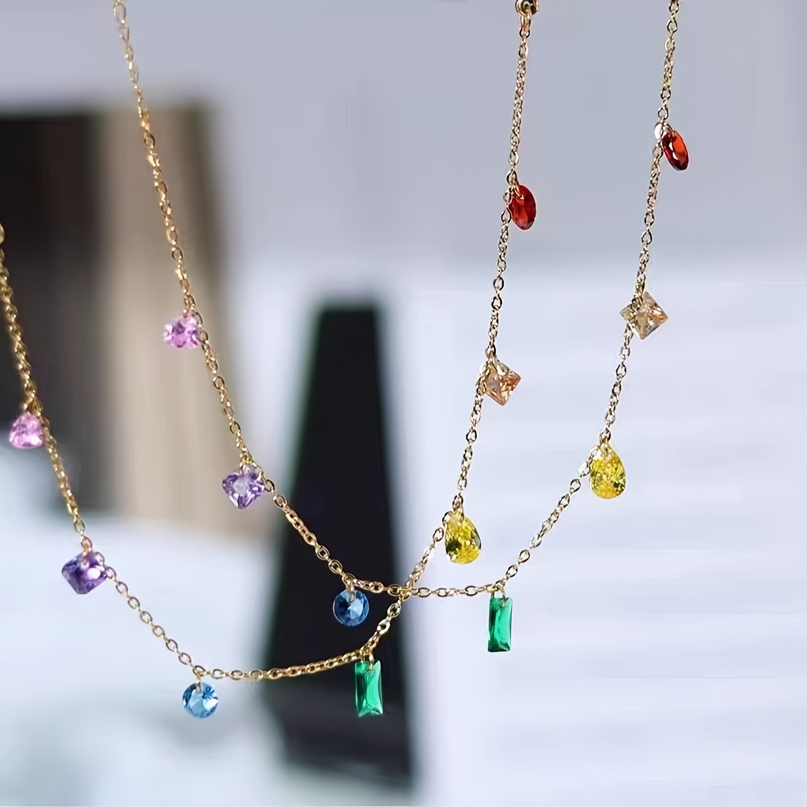 Chic Gold-Plated Stainless Steel Necklace with 7 Rainbow Cubic Zirconia Pendants - French Romantic Style, Perfect for Everyday &amp; Party Wear