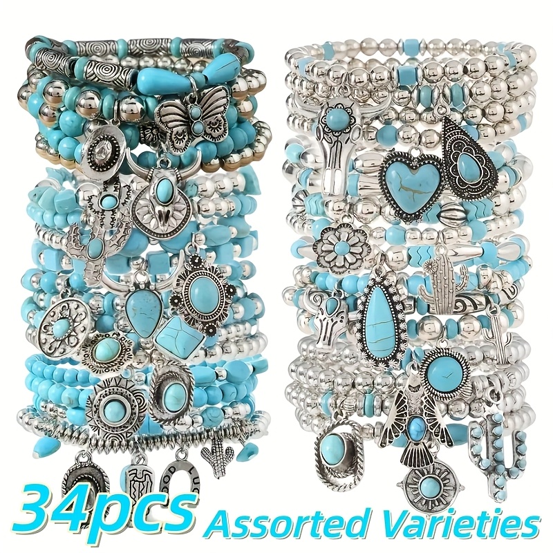 TEMU 14/34pcs Western Cowboy Style Turquoise Hat Multi Layer Elastic Thread Random Pattern Bracelet For Women Multi Piece Set Beaded Party Bracelet