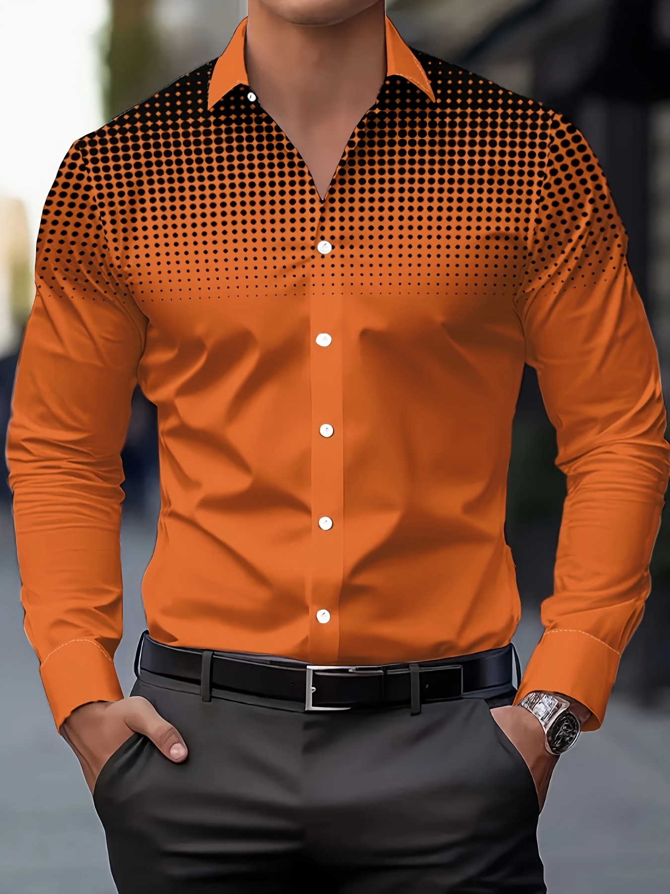 Men's Casual Long Sleeve Button-Up Shirt - Gradient Blue to Gray Print, Polyester, Machine Washable, Classic Collar, Comfort Fit for Spring/Fall