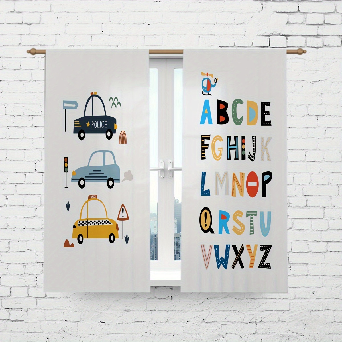 TEMU [open ]2pcs Set, Letter Car Pattern Curtain Printed Translucent Curtain, Living Room Game Room Bedroom Multi-scene Polyester Rod-through