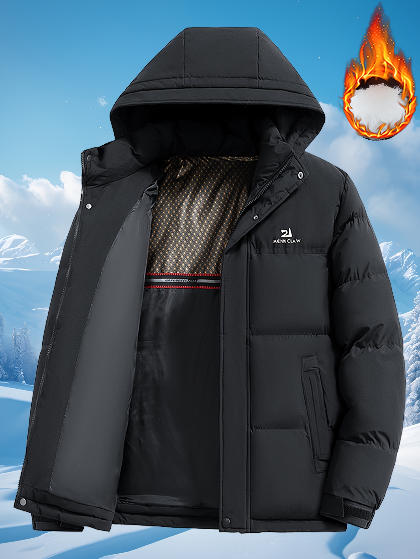 Manteau d'hiver pour homme, veste épaisse 100% polyester avec capuche amovible, coupe-vent, pour le quotidien et activités extérieures