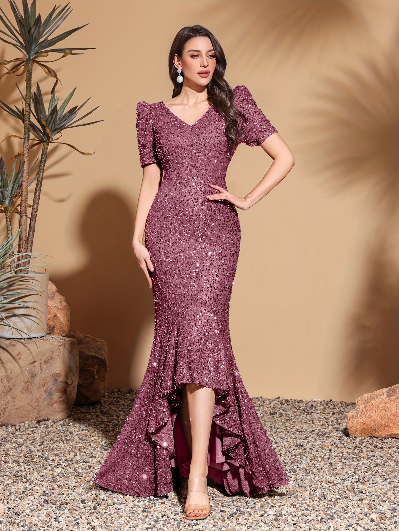 bubble sleeve v neck sequin dress hip hugging irregular hem