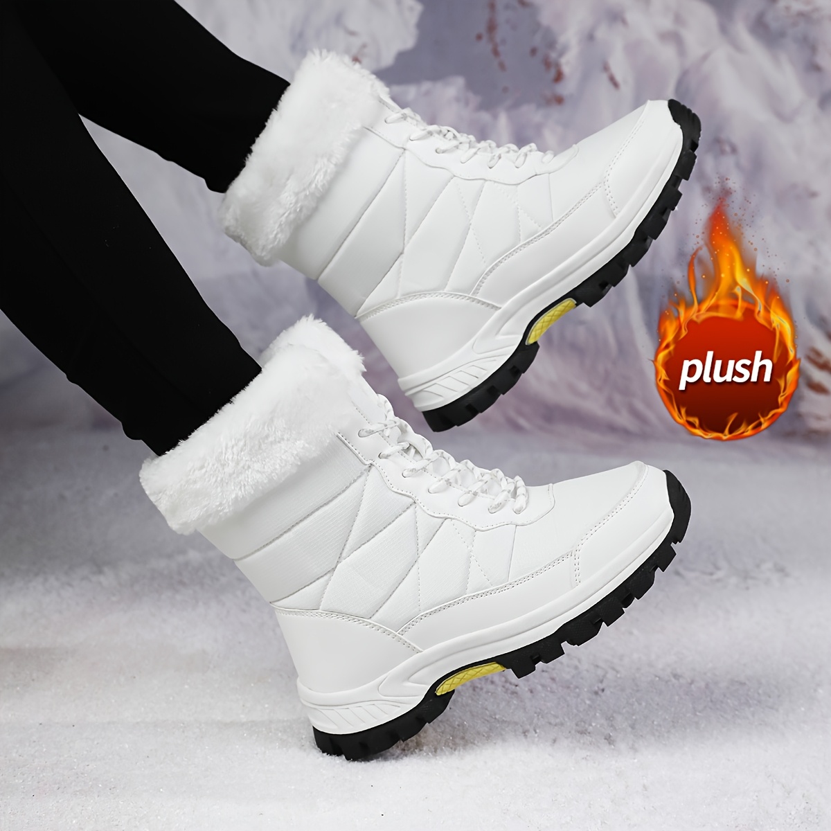 女士中筒靴,女士加绒雪地靴,带毛边 - 防滑橡胶底,圆头冬季靴适合寒冷天气,适用于雪地与冰地,高帮设计,耐用构造