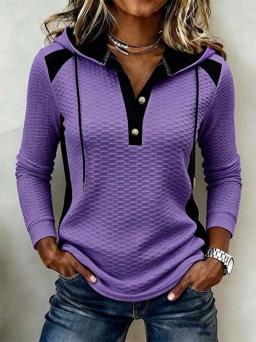 item picture spring autumn light mature style contrast hooded drawstring henley neck sweatshirt style daily versatile casual top