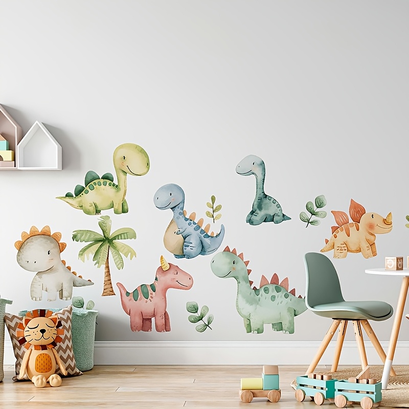 1 set of whimsical watercolor dinosaur wall stickers waterproof self   multi color cartoon dinosaurs with palm leaves     room decor gift wrapping diy crafts dinosaur toys
