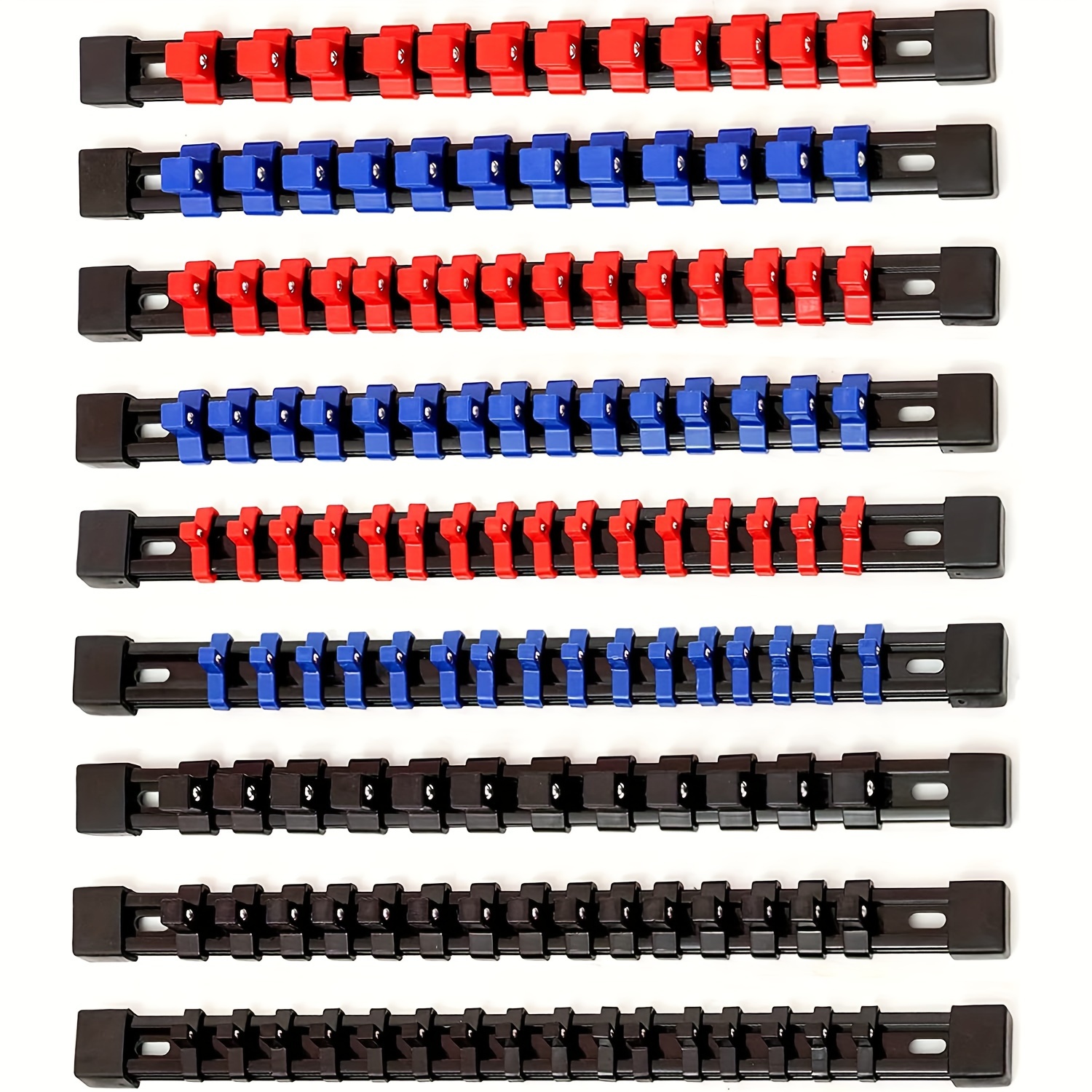 Image of 9pcs Socket Organizer Set. 1/2 Inch, 3/8 Inch, And 1/4 Inch Drive Sockets With Red, Blue, And Black Clips Made Of Abs Plastic, Along With A Black Holder