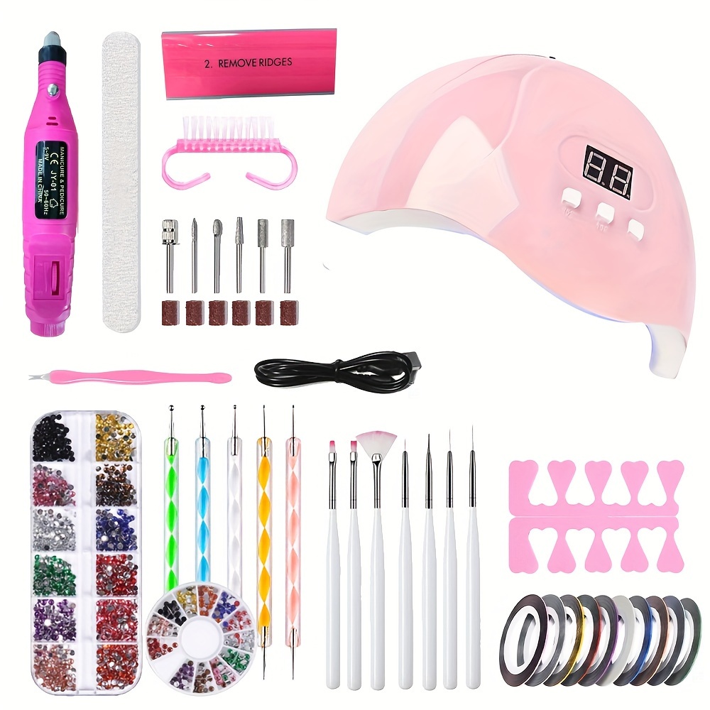 

12-piece Nail Art Kit With Uv Led Lamp And Electric Grinder - Hypoallergenic Usb-powered Manicure Set With Nail Files, Buffers, Cuticle Pusher - No Gel Or Powder Included