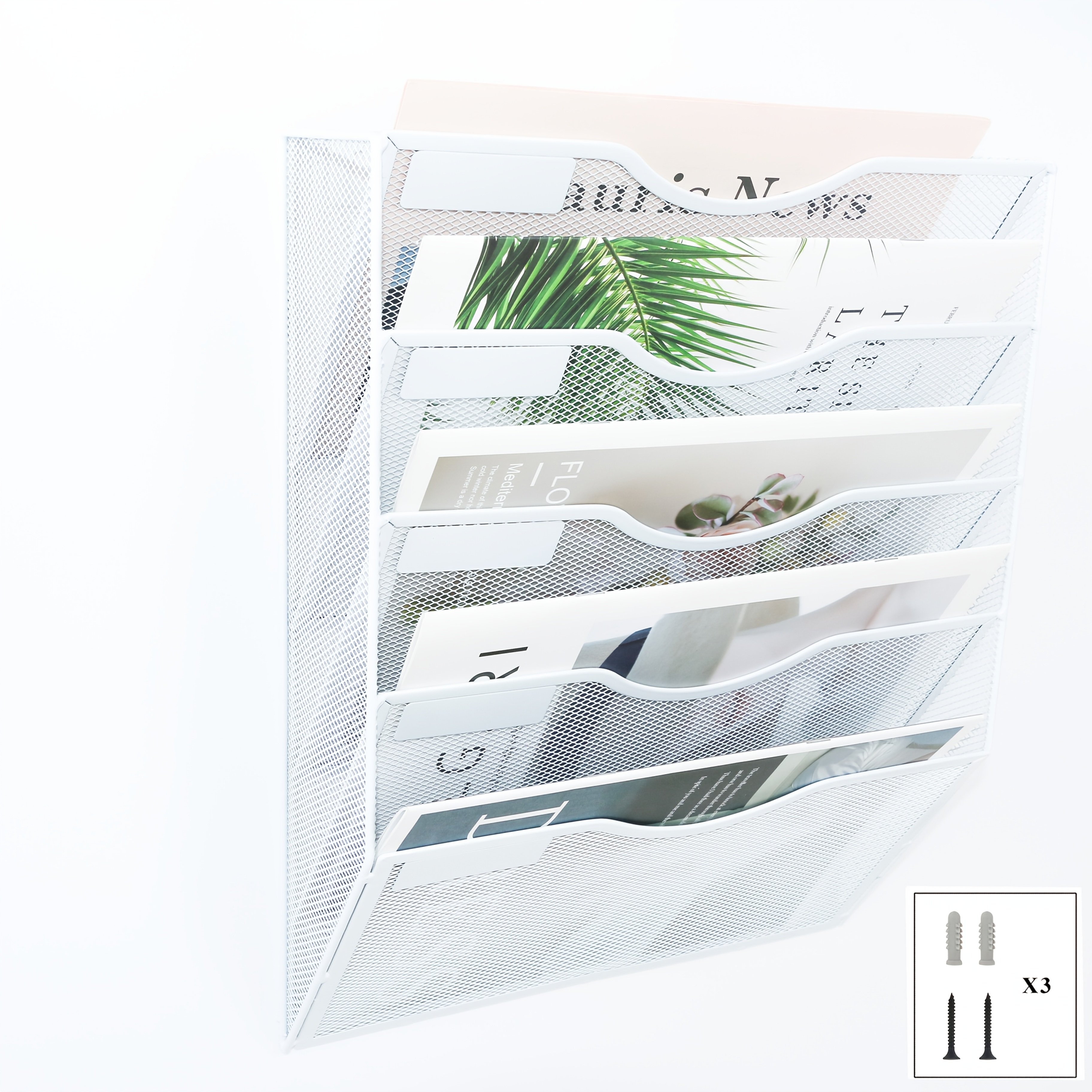 Image of 3/5/8-tier Iron Mesh Wall-mounted Storage Baskets, Optional With 2pcs Pen Holders, White