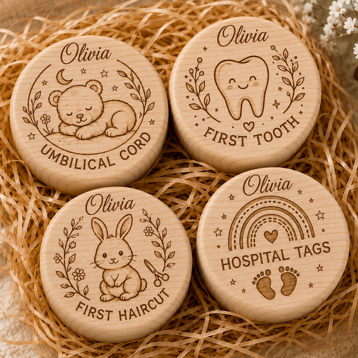 TEMU 4pcs/1 Set Personalized Wooden Keepsake Storage Box, Lock Of Hair And Tooth Storage Box Set. Each First Keepsake Measures Approximately