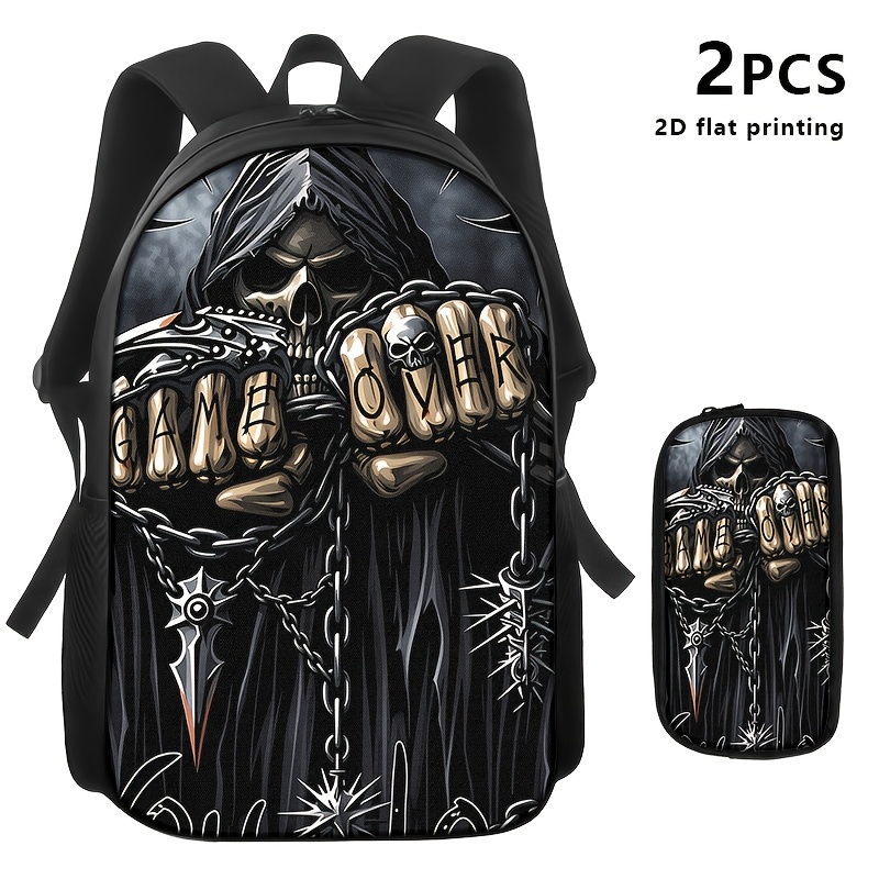 TEMU 1pc/2pcs/3pcs Backpack, Handbag, And Pouch With A Dark Reaper Graphic. The Design Showcases A Gothic, Rock, And Gaming Theme, Ideal For Young