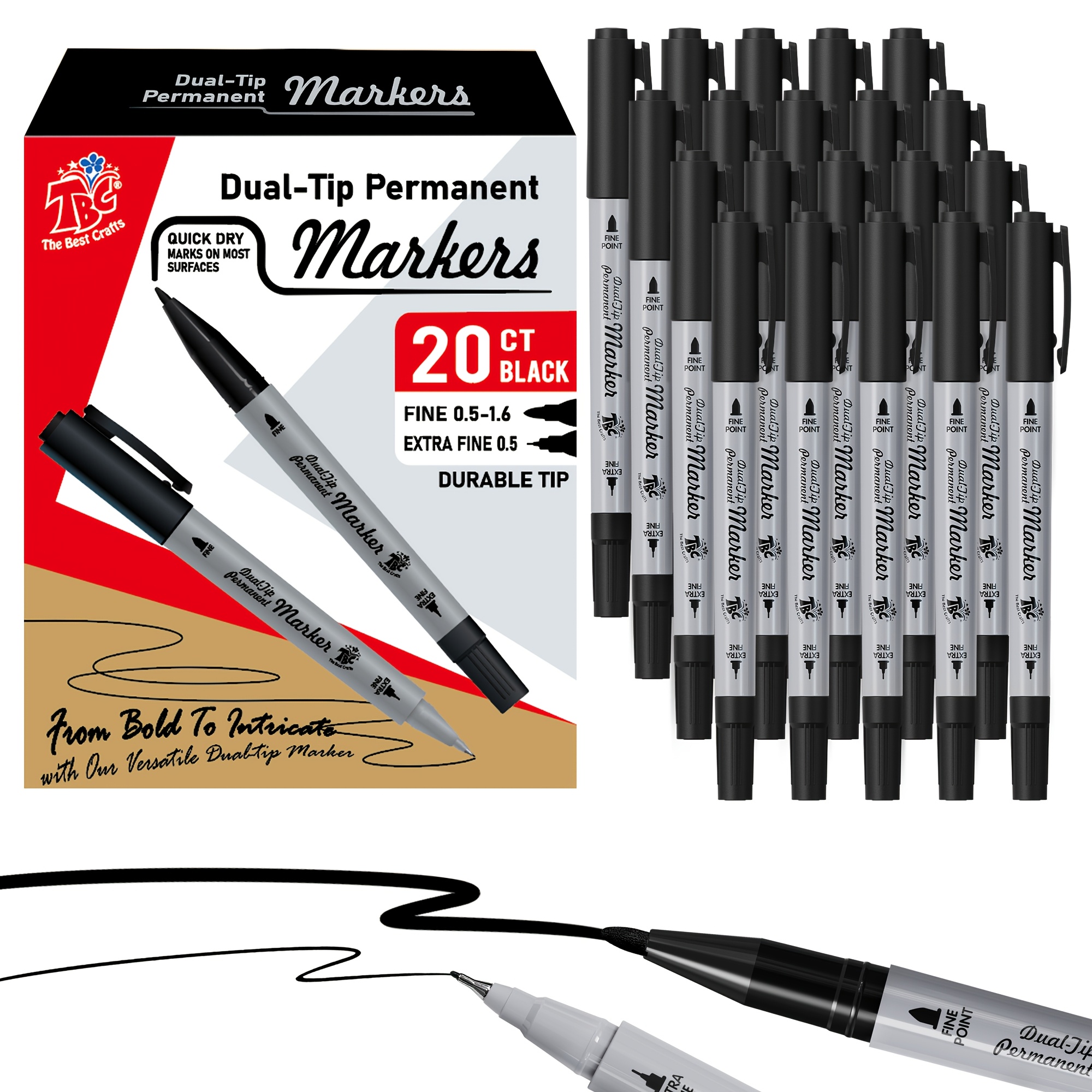 TEMU Tbc The Best Crafts 20 Pack Black Dual-tip Permanent Markers, Quick Dry , 0.5mm Extra Fine & 0.5-1.6mm Chisel Tip, Quick Dry, Works On Most For