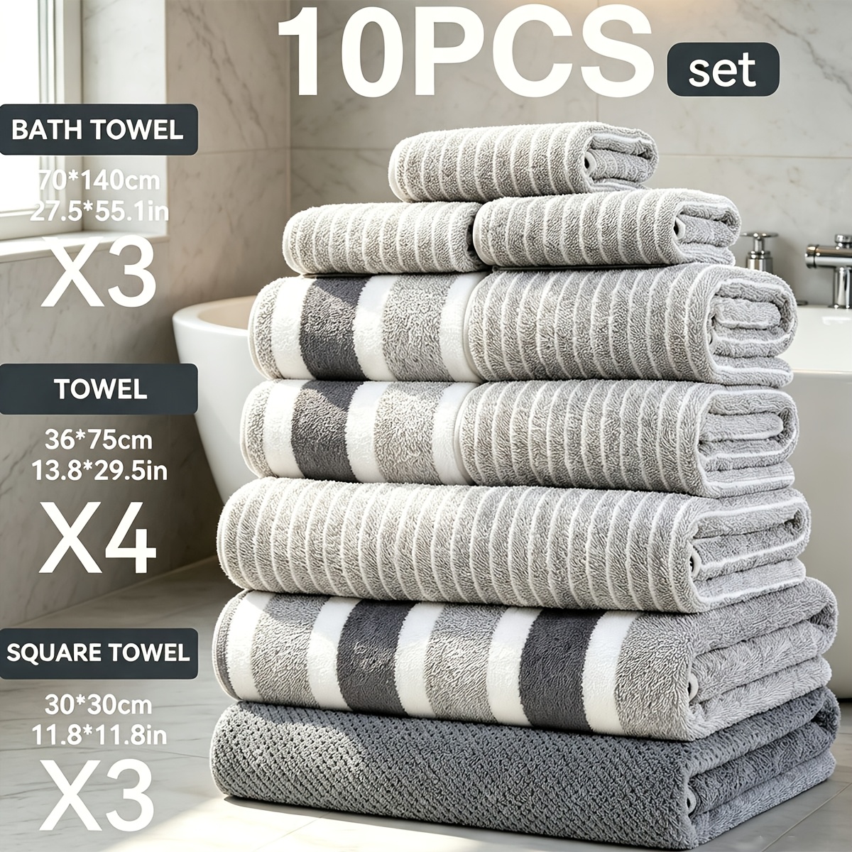 TEMU 10pcs Coral Material Bath Towel Set, Classic Striped Style, Soft And , Including 3 Bath Towels (70x140cm), 4 Hand Towels (36x75cm), And Towels