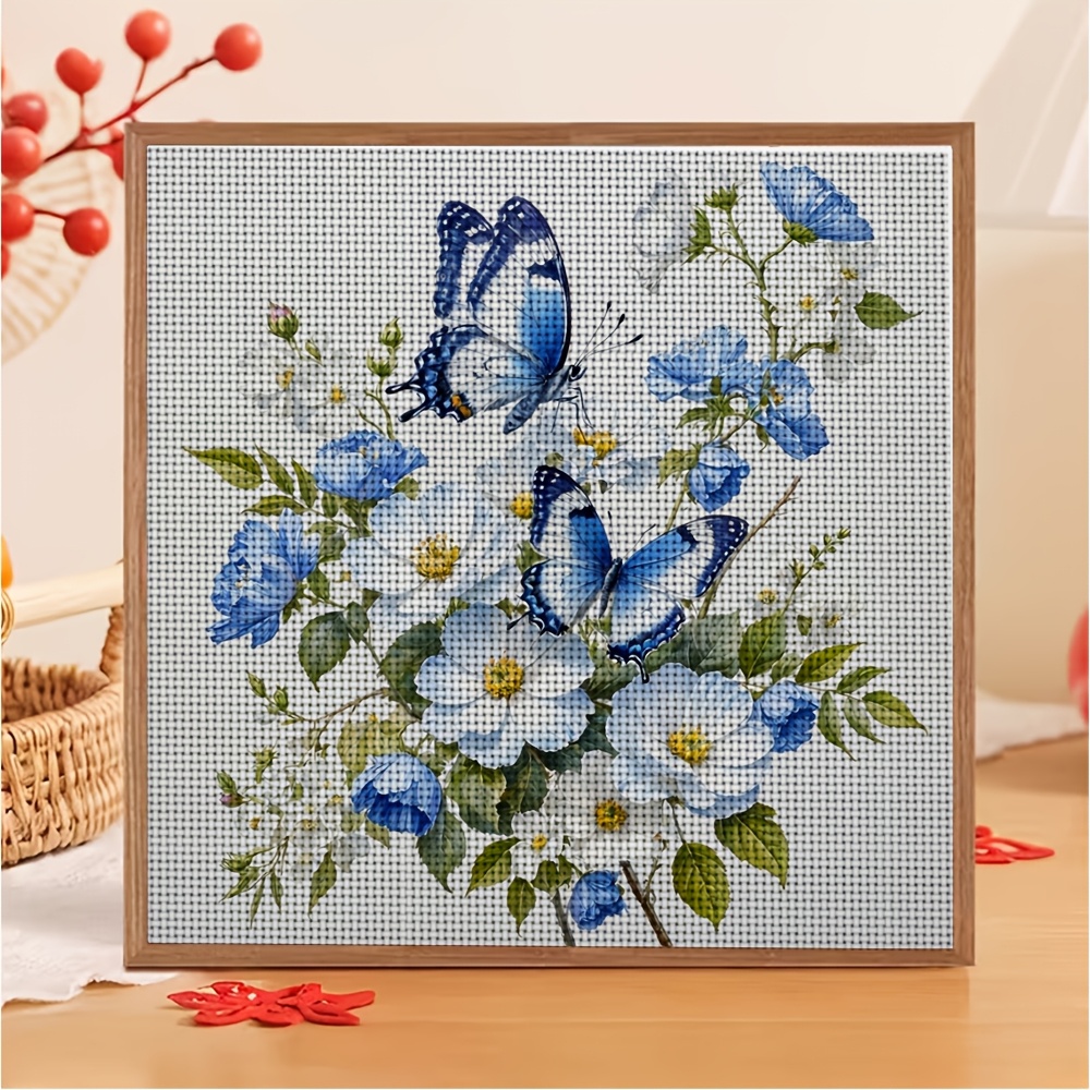 DIY Cross-Stitch Printed Kit, Unframed Blue and White Flowers with Butterflies Pattern