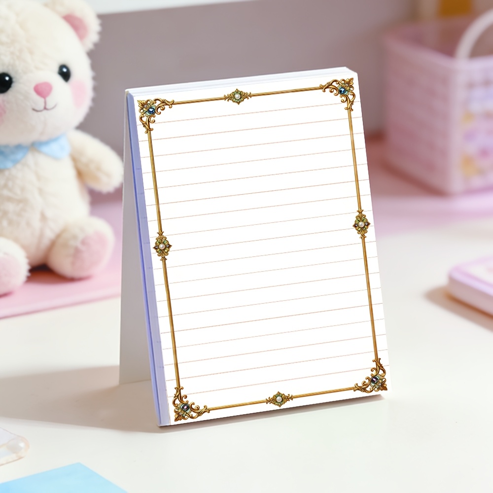 TEMU 1pc (50 Sheets) Gorgeous Golden-framed Pocket Notebook, Gemstone-decorated Lined Inner Pages, Vintage Style Memo Pad, Light Luxury Golden- ,