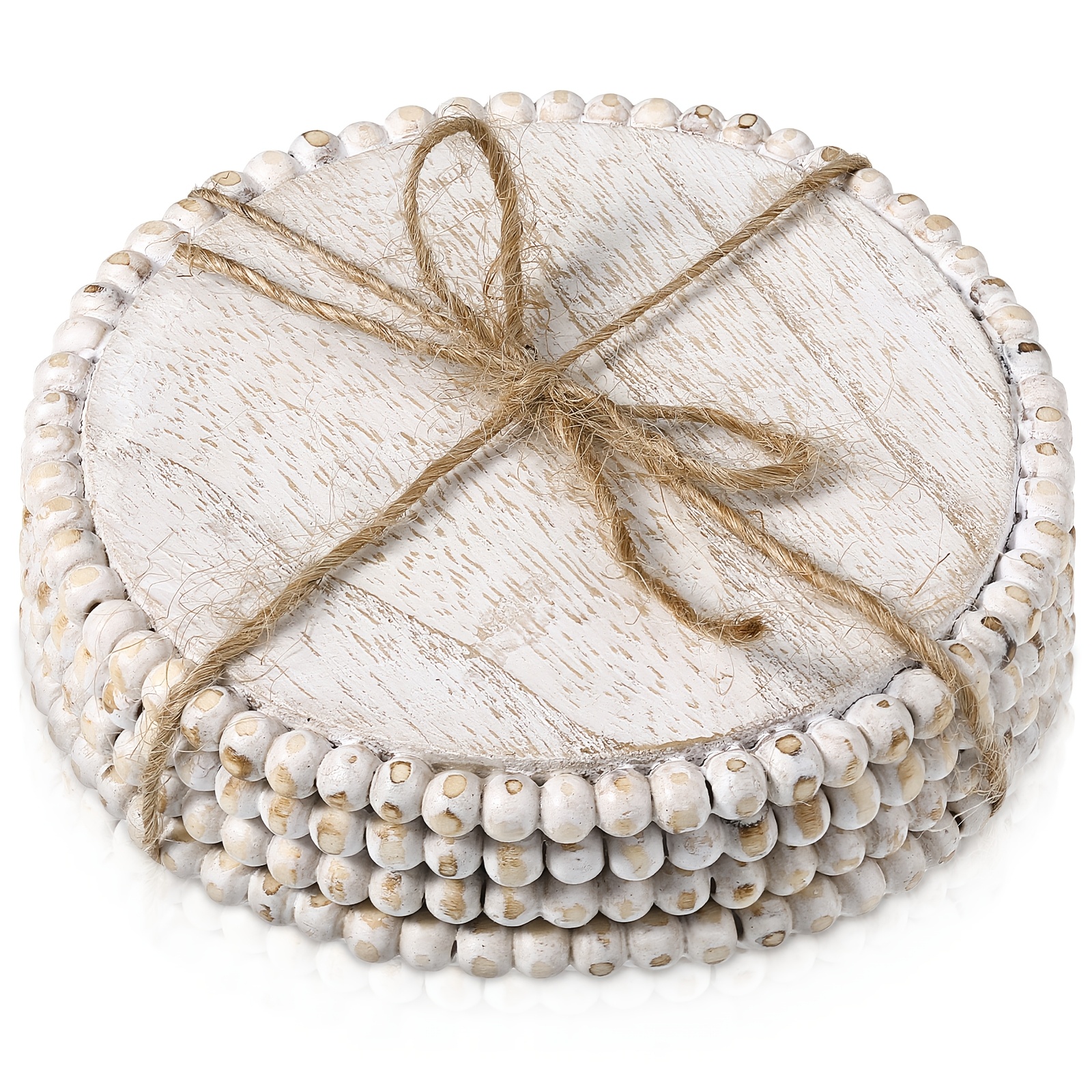 TEMU 4pcs Wood Beaded Coasters 3.9 Inch Round Rustic Farmhouse Coasters Wooden Coasters For Drinks Decorative Table Top Coasters Wood Bar Coaster Set