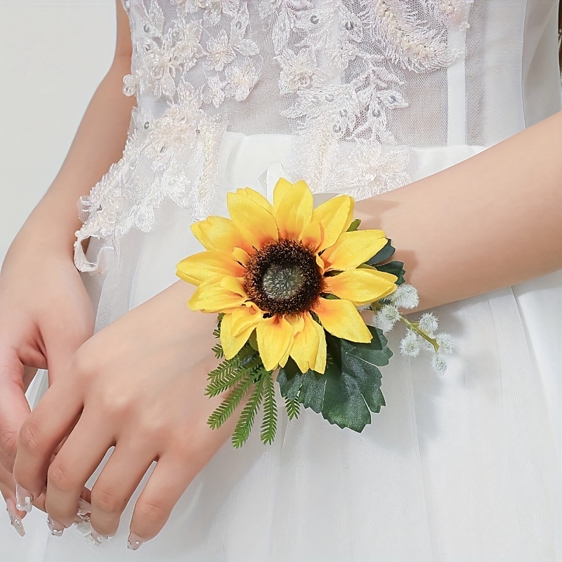 

1pc Bohemian Style Yellow Sunflower Wrist Corsage With Faux Greenery, Elegant Floral Wedding Accessory For Bridesmaids And Parties