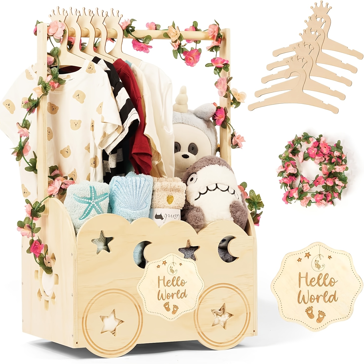 Image of Shelf Baskets, Wooden Storage Basket Shower Basket With Hanger Rack, Organizer For Nursery, Welcome Gift Shelf Baskets For Newborn, Suitable For Halloween, Christmas And New Year Gifts