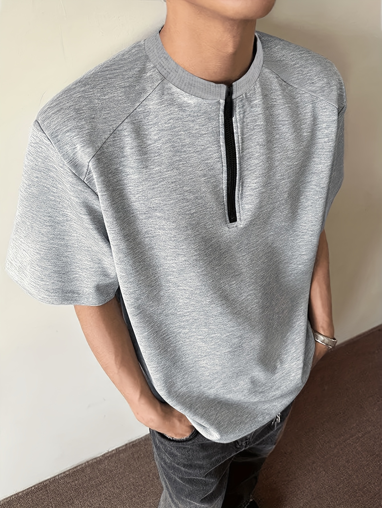 mens half zip streetwear t shirt full zip front panel half Temu
