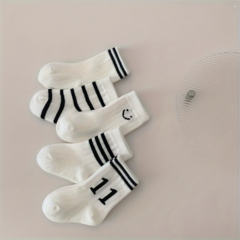 Image of 5 Pairs Of Student Socks For Boys And Girls; Featuring Short Socks With Stripes, Made From Breathable Soft Material, Perfect For Daily Outdoor Sports